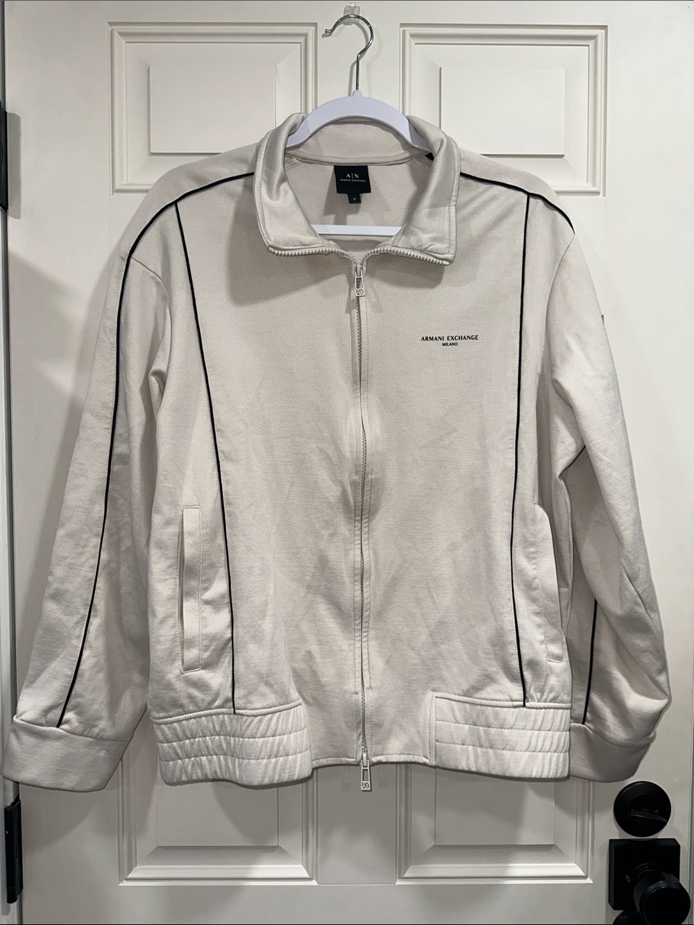 Armani Exchange Cream Zip-Front Bomber Jacket with Black Piping